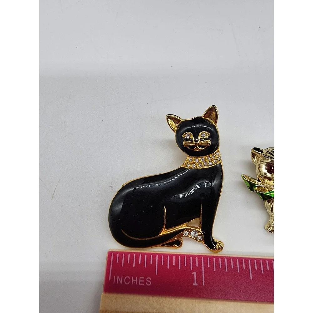Vintage Style Cat Brooch Set Black Enamel Rhinestone Gold Tone Kitten Pins 2pc